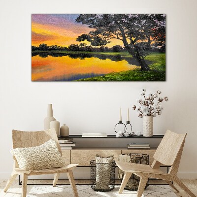 Tableau en verre Coucher de soleil sur le lac