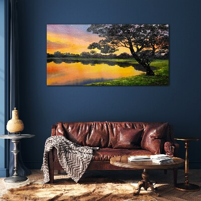 Tableau en verre Coucher de soleil sur le lac