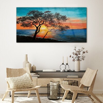 Tableau imprimé sur verre Coucher de soleil sur le lac