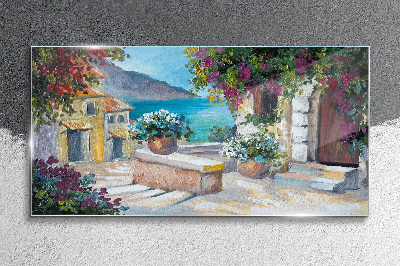 Tableau en verre Une ville balnéaire fleurie