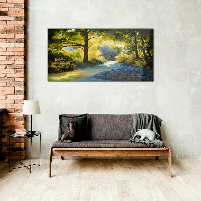 Tableau sur verre Lumière dorée dans le paysage forestier