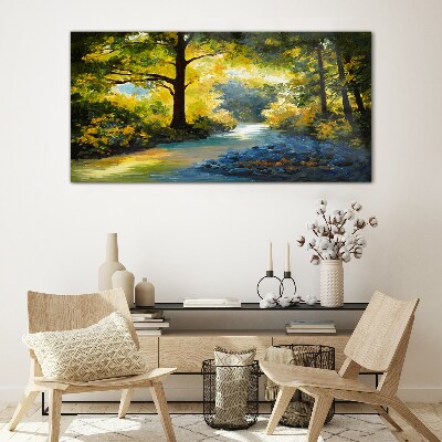 Tableau sur verre Lumière dorée dans le paysage forestier