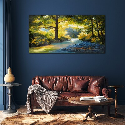 Tableau sur verre Lumière dorée dans le paysage forestier