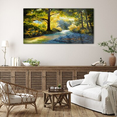 Tableau sur verre Lumière dorée dans le paysage forestier