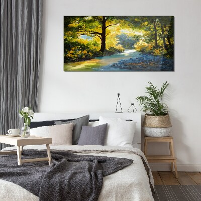 Tableau sur verre Lumière dorée dans le paysage forestier