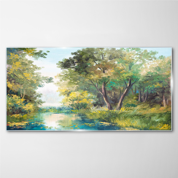 Tableau imprimé sur verre Un paysage forestier paisible au bord de l'eau