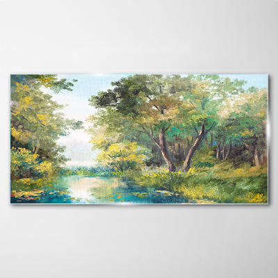 Tableau imprimé sur verre Un paysage forestier paisible au bord de l'eau