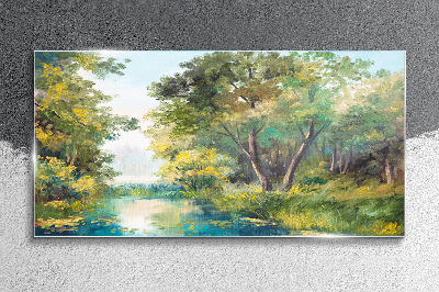 Tableau imprimé sur verre Un paysage forestier paisible au bord de l'eau