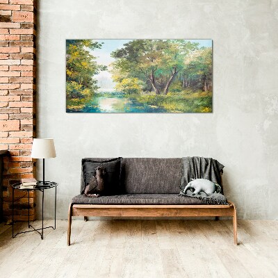 Tableau imprimé sur verre Un paysage forestier paisible au bord de l'eau