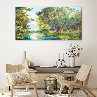 Tableau imprimé sur verre Un paysage forestier paisible au bord de l'eau