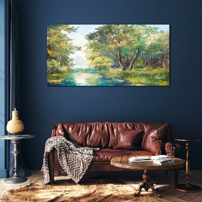 Tableau imprimé sur verre Un paysage forestier paisible au bord de l'eau