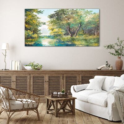 Tableau imprimé sur verre Un paysage forestier paisible au bord de l'eau