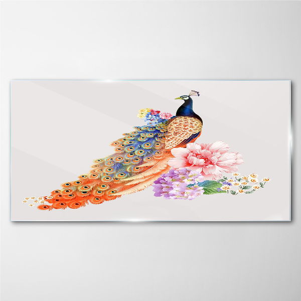 Tableau sur verre Des paons parmi les fleurs