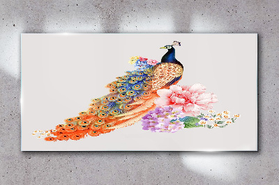 Tableau sur verre Des paons parmi les fleurs
