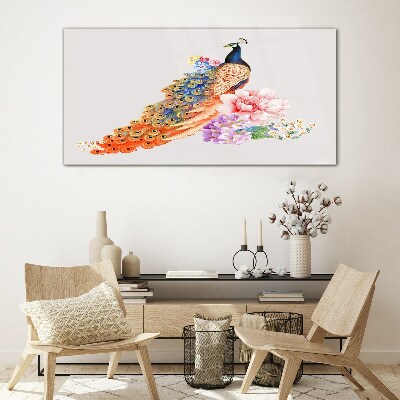 Tableau sur verre Des paons parmi les fleurs