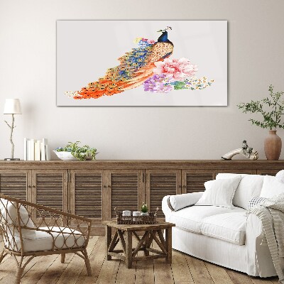Tableau sur verre Des paons parmi les fleurs