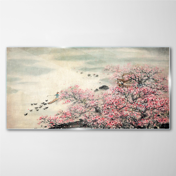 Tableau imprimé sur verre Paysage printanier avec des arbres en fleurs