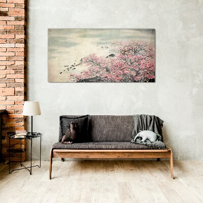 Tableau imprimé sur verre Paysage printanier avec des arbres en fleurs