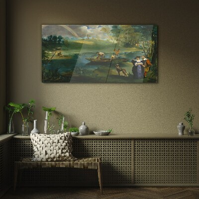 Tableau en verre Une scène au bord de l'eau avec des pêcheurs