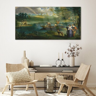 Tableau en verre Une scène au bord de l'eau avec des pêcheurs