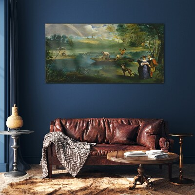 Tableau en verre Une scène au bord de l'eau avec des pêcheurs