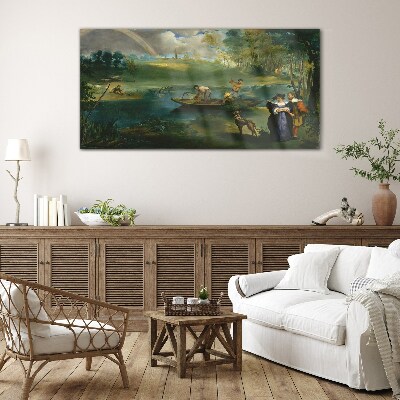 Tableau en verre Une scène au bord de l'eau avec des pêcheurs