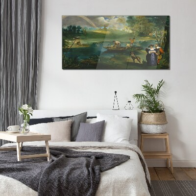 Tableau en verre Une scène au bord de l'eau avec des pêcheurs