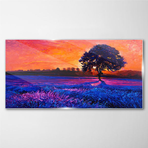 Tableau verre imprimé Coucher de soleil sur un champ violet
