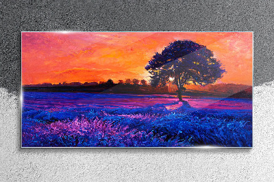 Tableau verre imprimé Coucher de soleil sur un champ violet