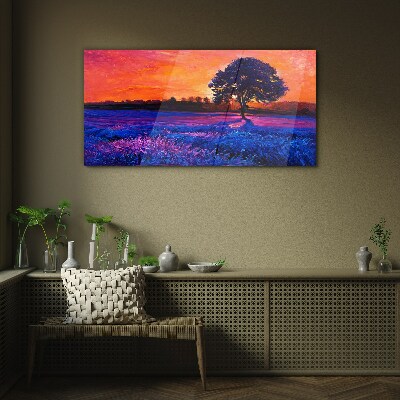 Tableau verre imprimé Coucher de soleil sur un champ violet