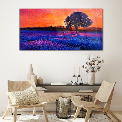 Tableau verre imprimé Coucher de soleil sur un champ violet
