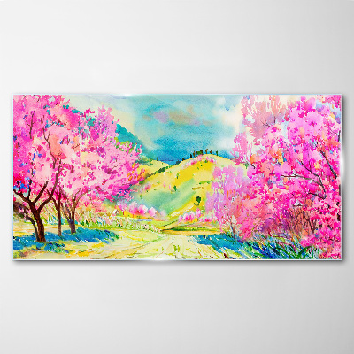 Tableau en verre Paysage printanier aux tons roses