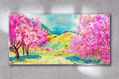 Tableau en verre Paysage printanier aux tons roses