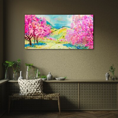 Tableau en verre Paysage printanier aux tons roses
