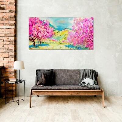 Tableau en verre Paysage printanier aux tons roses