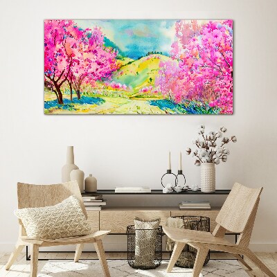 Tableau en verre Paysage printanier aux tons roses