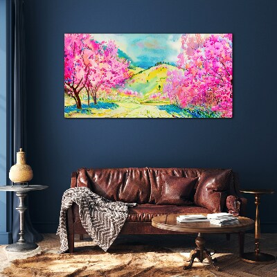 Tableau en verre Paysage printanier aux tons roses