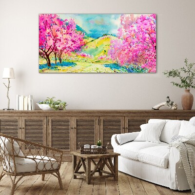Tableau en verre Paysage printanier aux tons roses