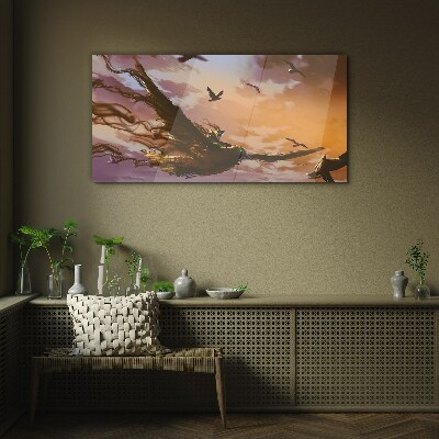 Tableau verre imprimé Vol d'oiseaux au soleil couchant