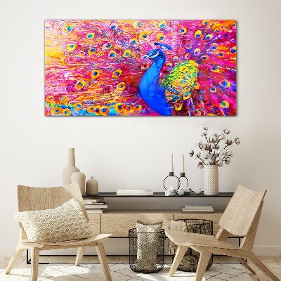 Tableau verre imprimé Un paon coloré dans la lueur printanière