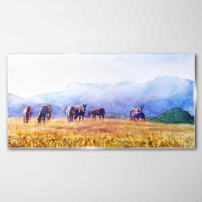 Tableau verre imprimé Un grand troupeau de chevaux dans le pré