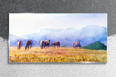 Tableau verre imprimé Un grand troupeau de chevaux dans le pré