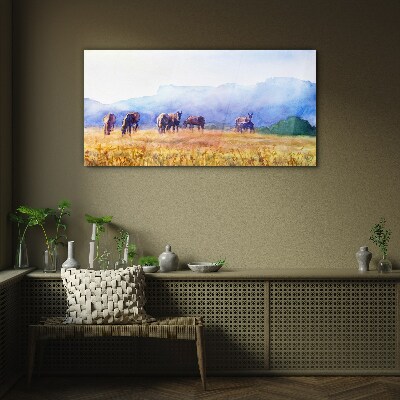 Tableau verre imprimé Un grand troupeau de chevaux dans le pré