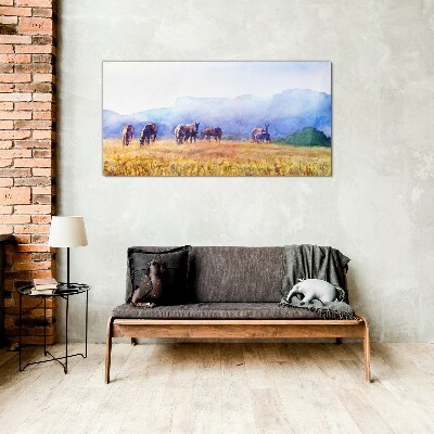 Tableau verre imprimé Un grand troupeau de chevaux dans le pré