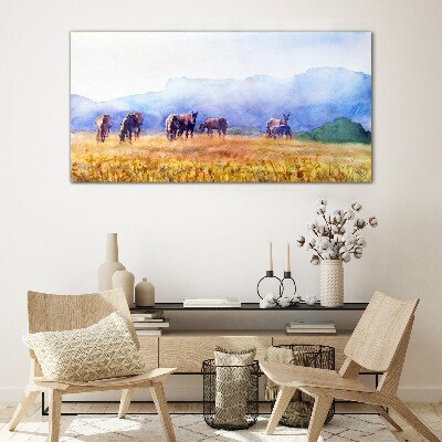Tableau verre imprimé Un grand troupeau de chevaux dans le pré