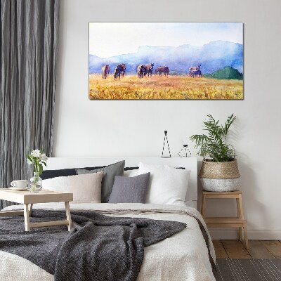 Tableau verre imprimé Un grand troupeau de chevaux dans le pré