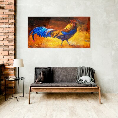 Tableau verre imprimé Un coq coloré sur fond de feu