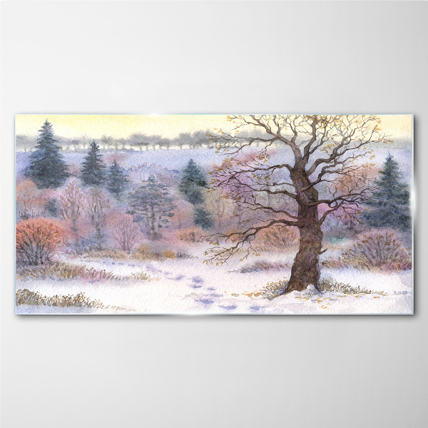 Tableau sur verre Paysage d'hiver avec un arbre solitaire