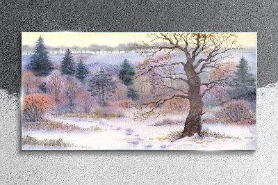 Tableau sur verre Paysage d'hiver avec un arbre solitaire