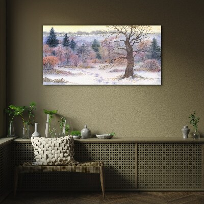 Tableau sur verre Paysage d'hiver avec un arbre solitaire